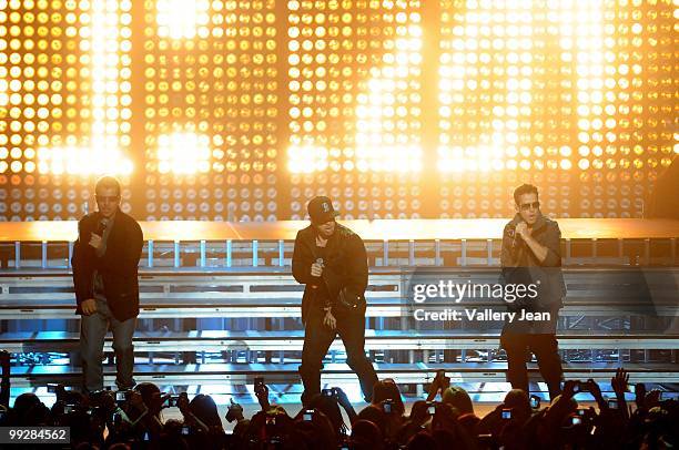 Jordan Knight, Donnie Wahlberg and Joey McIntyre of New Kids on the Block perform at Fillmore Miami Beach on May 13, 2010 in Miami Beach, Florida.