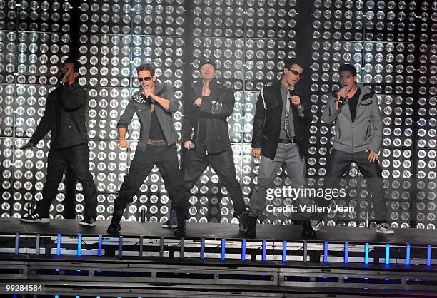 Danny Wood, Joey McIntyre, Donnie Wahlberg, Jordan Knight and Jonathan Knight of New Kids on the Block perform at Fillmore Miami Beach on May 13,...