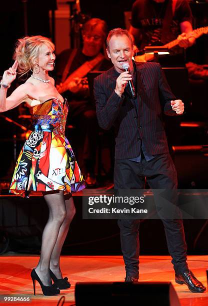 Sting and Trudie Styler perform on stage during the Almay concert to celebrate the Rainforest Fund's 21st birthday at Carnegie Hall on May 13, 2010...