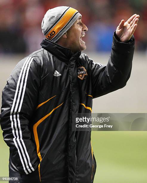 Houston Dynamo's head coach Dominic Kinnear yells during a game with Real Salt Lake during the second half of an MLS soccer game in May 13, 2010 in...