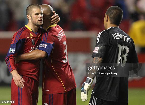 Real Salt Lake's Chris Wingert, Robbie Russell and Goalie goalkeeper Nick Rimando after they beat the Houston Dynamo of an MLS soccer game in May 13,...