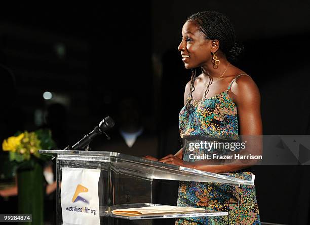 Actress Rutina Wesley speaks during Australians In Film's 2010 Breakthrough Awards held at Thompson Beverly Hills on May 13, 2010 in Beverly Hills,...