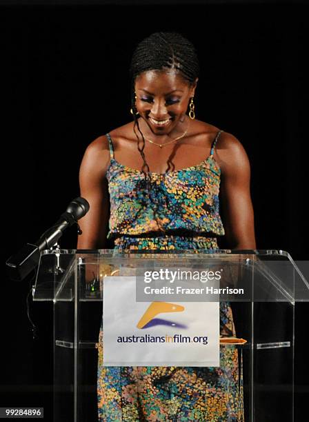 Actress Rutina Wesley speaks during Australians In Film's 2010 Breakthrough Awards held at Thompson Beverly Hills on May 13, 2010 in Beverly Hills,...