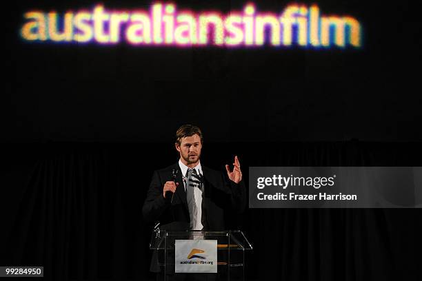 Actor Chris Hemsworth, recipient of AIF Breakthrough Award speaks during Australians In Film's 2010 Breakthrough Awards held at Thompson Beverly...