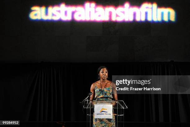 Actress Rutina Wesley speaks during Australians In Film's 2010 Breakthrough Awards held at Thompson Beverly Hills on May 13, 2010 in Beverly Hills,...