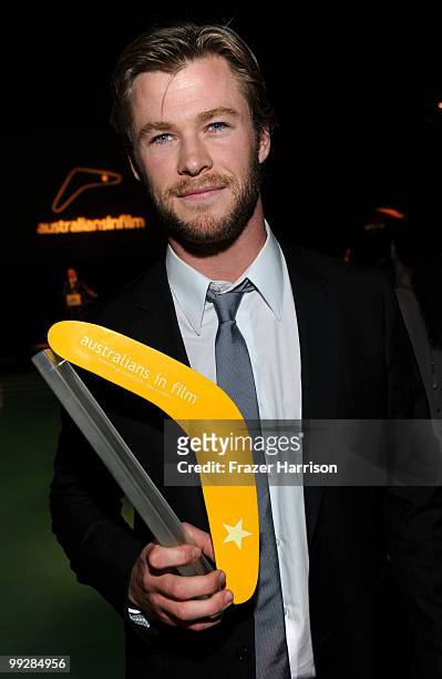Actor Chris Hemsworth, recipient of AIF Breakthrough Award, poses during Australians In Film's 2010 Breakthrough Awards held at Thompson Beverly...