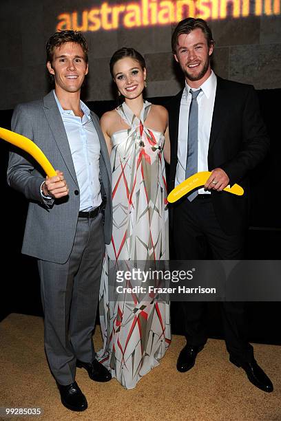 Actors Ryan Kwanten, Bella Heathcote and Chris Hemsworth, recipients of AIF Breakthrough Award pose during Australians In Film's 2010 Breakthrough...