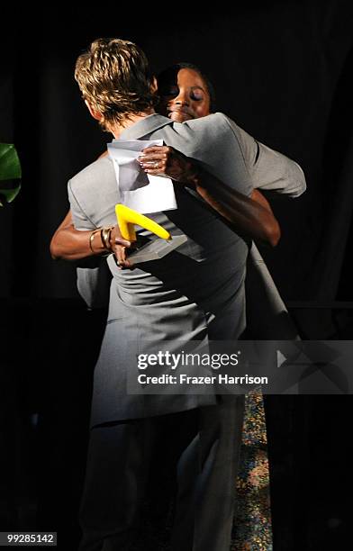 Actor Ryan Kwanten, recipient of AIF Breakthrough Award and actress Rutina Wesley onstage during Australians In Film's 2010 Breakthrough Awards held...