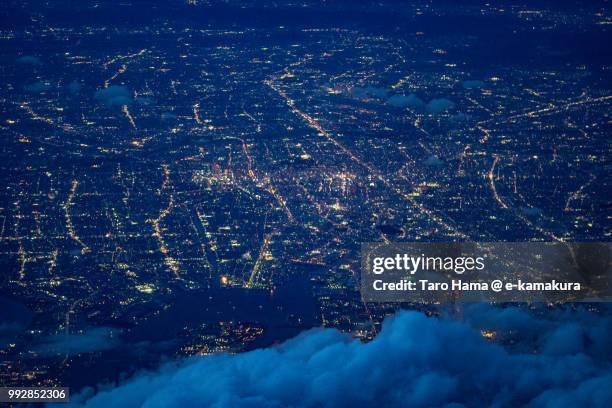 nagoya city in aichi prefecture in japan twilight time aerial view from airplane - kamakura stock photos et images de collection