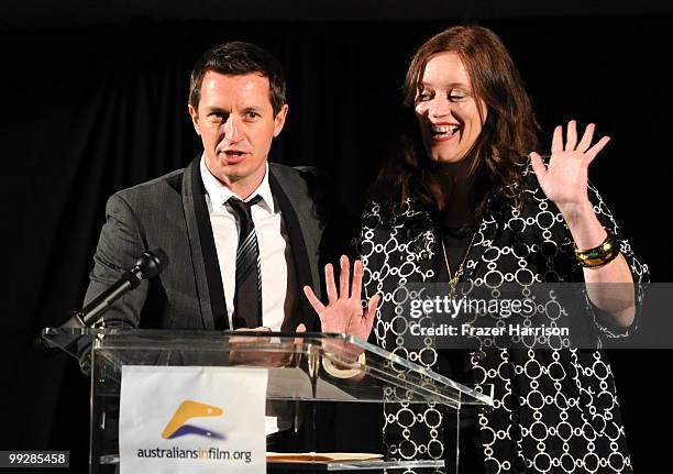 Rove McManus and Chair of Heath Ledger Scholarship comitee Susie Dobson speak during Australians In Film's 2010 Breakthrough Awards held at Thompson...