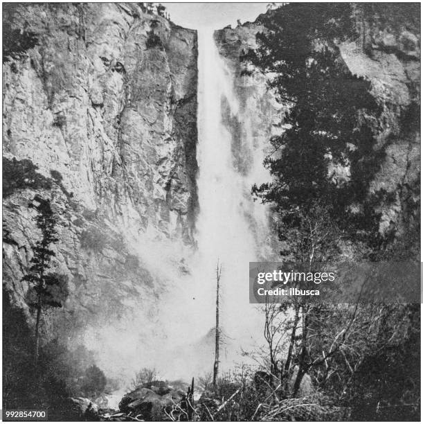 Antique Photograph Of Americas Famous Landscapes Bridal Veil Falls Yosemite High-Res Vector Graphic