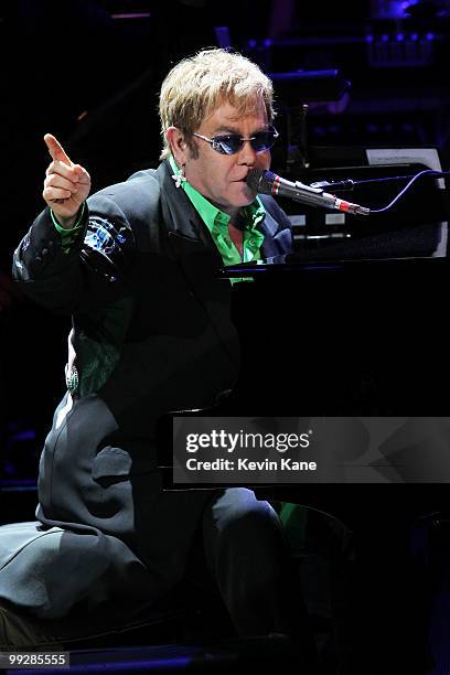 Elton John performs on stage during the Almay concert to celebrate the Rainforest Fund's 21st birthday at Carnegie Hall on May 13, 2010 in New York...
