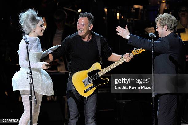 Lady Gaga, Bruce Springsteen and Elton John perform on stage during the Almay concert to celebrate the Rainforest Fund's 21st birthday at Carnegie...