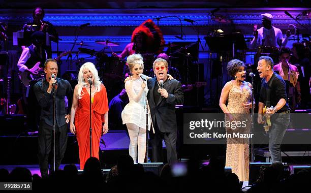 Sting, Debbie Harry, Lady Gaga, Elton John, Dame Shirley Bassey and Bruce Springsteen perform on stage during the Almay concert to celebrate the...