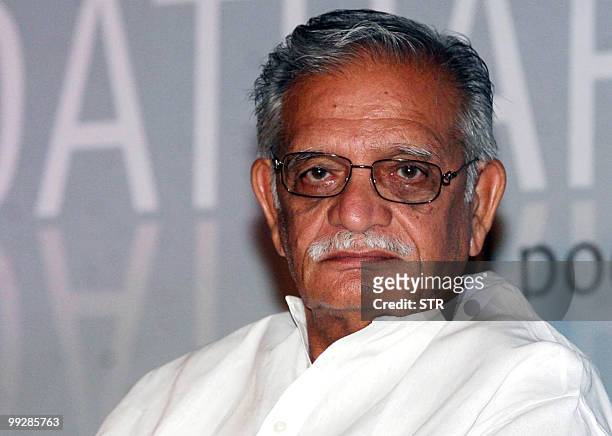 Indian lyricist, Gulzar attends the book launch event of Indian Bollywood sound designer Resul Pookutty's autobiography in Mumbai on May 13, 2010....