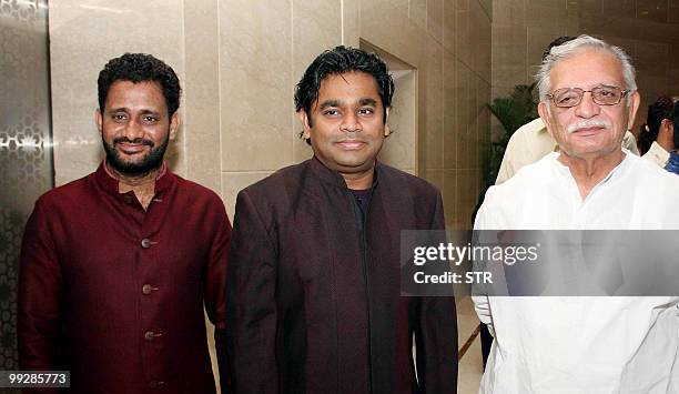 Indian Bollywood sound designer Resul Pookutty , A.R.Rahman and lyricist, Gulzar attend the book launch event of Pookutty's autobiography in Mumbai...