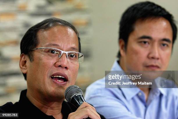 Benigno "Noynoy" Aquino is seen during a press briefing as he is unofficially announced as the 15th President of the Philippines on May 14, 2010 in...