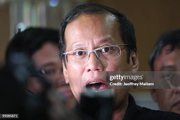 Benigno "Noynoy" Aquino is seen during a press briefing as he is unofficially announced as the 15th President of the Philippines on May 14, 2010 in...