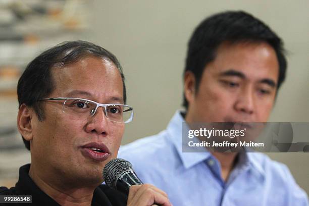 Benigno "Noynoy" Aquino is seen during a press briefing as he is unofficially announced as the 15th President of the Philippines on May 14, 2010 in...