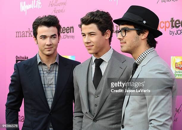 Kevin Jonas, Nick Jonas and Joe Jonas of The Jonas Brothers attend the 12th annual Young Hollywood Awards at The Wilshire Ebell Theatre on May 13,...