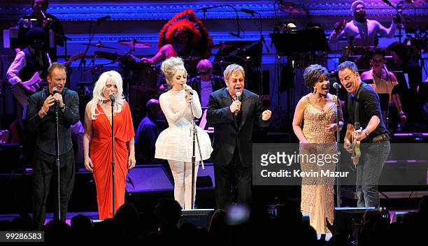 Sting, Debbie Harry, Lady Gaga, Elton John, Dame Shirley Bassey and Bruce Springsteen perform on stage during the Almay concert to celebrate the...