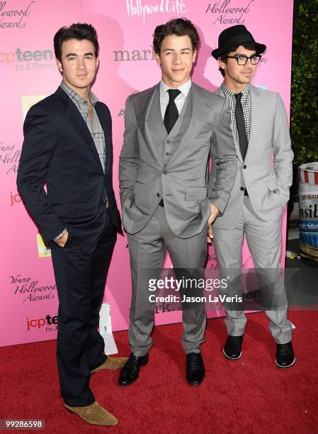 Kevin Jonas, Nick Jonas and Joe Jonas of The Jonas Brothers attend the 12th annual Young Hollywood Awards at The Wilshire Ebell Theatre on May 13,...