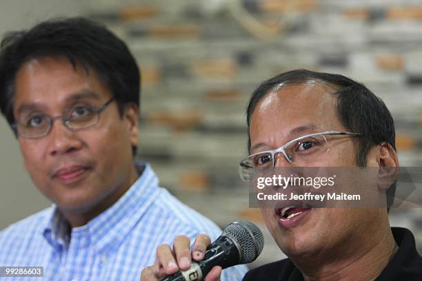 Benigno "Noynoy" Aquino is seen during a press briefing as he is unofficially announced as the 15th President of the Philippines on May 14, 2010 in...