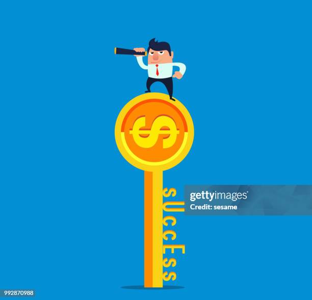 businessman standing on the key looking into the distance - guy looking for keys stock illustrations