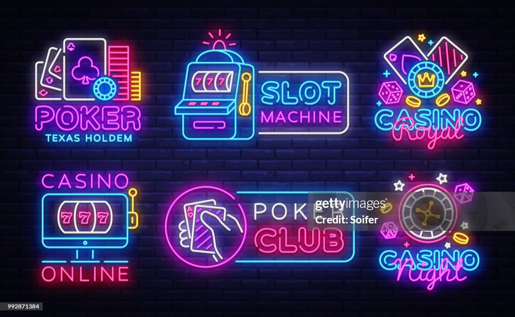 Slot Machine Sign Big Colletion Neon Sign Casino Logos And Emblems Casino Design Template ...