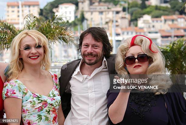 Actress Julie Atlas Muz, French director and actor Mathieu Amalric and actress Dirty Martini pose during the photocall of the film "Tournee"...