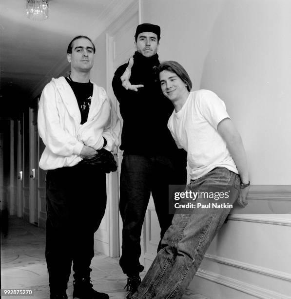 Portrait of the band Primus, left to right, Tim Alexander, Les Claypool, and Larry LaLonde at a hotel in Chicago, Illinois, November 10, 1993.