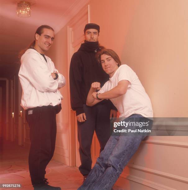 Portrait of the band Primus, left to right, Tim Alexander, Les Claypool, and Larry LaLonde at a hotel in Chicago, Illinois, November 10, 1993.