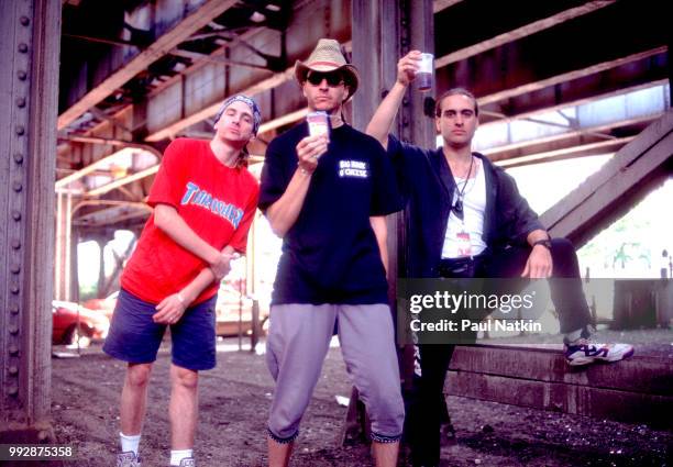 Portrait of the band Primus, left to right, Tim Alexander, Les Claypool, and Larry LaLonde in Chicago, Illinois, August 12, 1991.