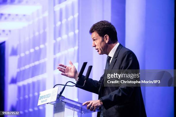 Geoffroy Roux de Bezieux, candidate for the presidency of French employers body MEDEF union leader delivers a speech during Medef general meeting to...