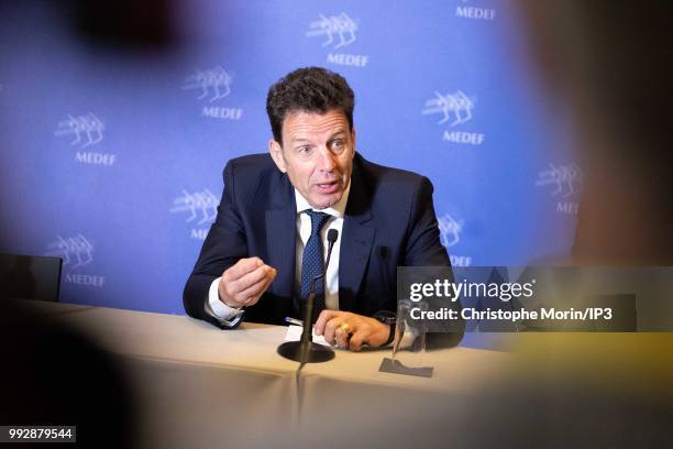 Geoffroy Roux de Bezieux, newly-elected French employers body MEDEF union leader, speaks during a press conference after the election during Medef...