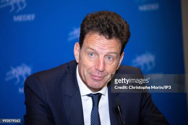 Geoffroy Roux de Bezieux, newly-elected French employers body MEDEF union leader, speaks during a press conference after the election during Medef...