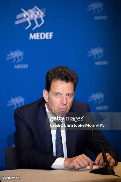 Geoffroy Roux de Bezieux, newly-elected French employers body MEDEF union leader, speaks during a press conference after the election during Medef...