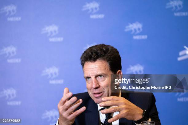 Geoffroy Roux de Bezieux, newly-elected French employers body MEDEF union leader, speaks during a press conference after the election during Medef...