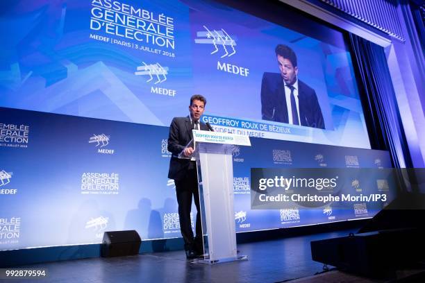 Geoffroy Roux de Bezieux, newly-elected French employers body MEDEF union leader, delivers a speech after the election during Medef general meeting...