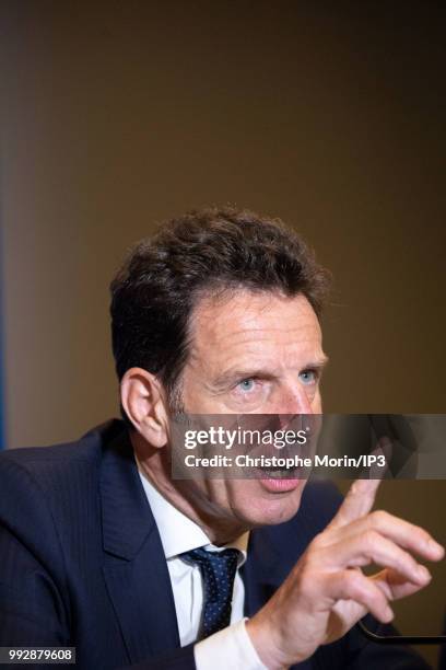 Geoffroy Roux de Bezieux, newly-elected French employers body MEDEF union leader, speaks during a press conference after the election during Medef...