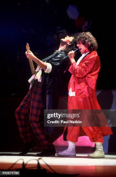 John Taylor, left, and Michael Des Barres of Power Station perform on stage at the Poplar Creek Music Theater in Hoffman Estates, Illinois, August...