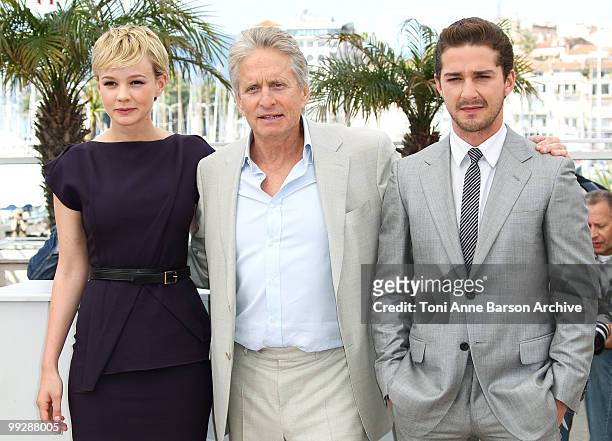 Actors Carey Mulligan, Michael Douglas and Shia LaBeouf attend the 'Wall Street: Money Never Sleeps' Photo Call held at the Palais des Festivals...