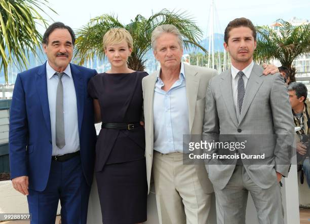 Director Oliver Stone,actress Carey Mulligan, actor Michael Douglas with Shia Labeouf attend the 'Wall Street: Money Never Sleeps' Photocall at the...