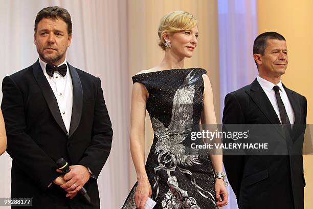 Australian actor Russell Crowe, Australian actress Cate Blanchett and French director Emmanuel Carrere pose during the opening ceremony of the 63rd...