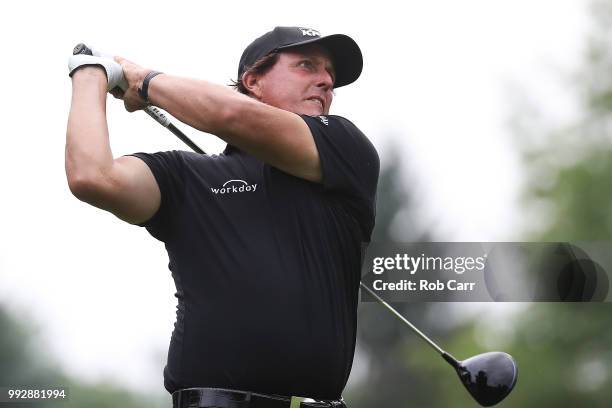 Phil Mickelson tees off the 12th hole during round two of A Military Tribute At The Greenbrier held at the Old White TPC course on July 6, 2018 in...