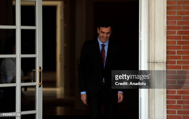 Spanish Prime Minister Pedro Sanchez is seen as he welcomes Colombian President Ivan Duque prior to their meeting at Palace of Moncloa, official...