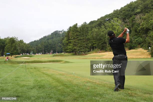 Phil Mickelson takes his send shot on the 12th hole during round two of A Military Tribute At The Greenbrier held at the Old White TPC course on July...