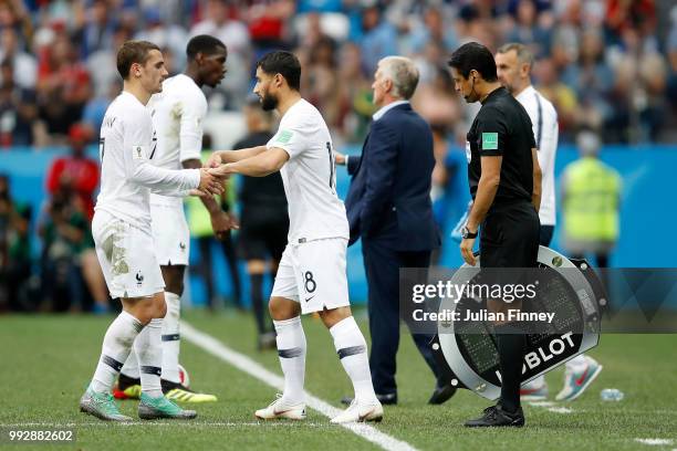 Nabil Fekir of France replaces Antoine Griezmann of France during the 2018 FIFA World Cup Russia Quarter Final match between Uruguay and France at...