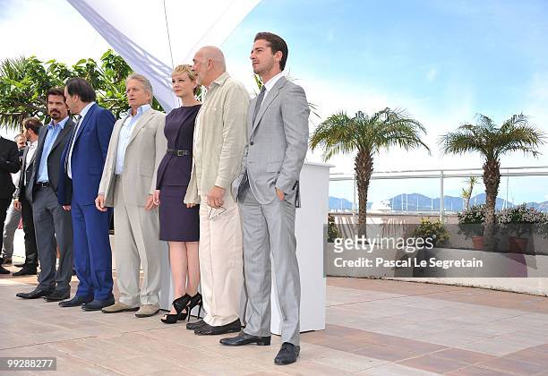Actor Josh Brolin, director Oliver Stone, actor Michael Douglas with actress Carey Mulligan and actor Frank Langella and Shia Labeouf attend the...