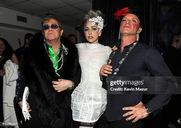 Exclusive* Elton John, Lady Gaga and Sting backstage during the Almay concert to celebrate the Rainforest Fund's 21st birthday at Carnegie Hall on...